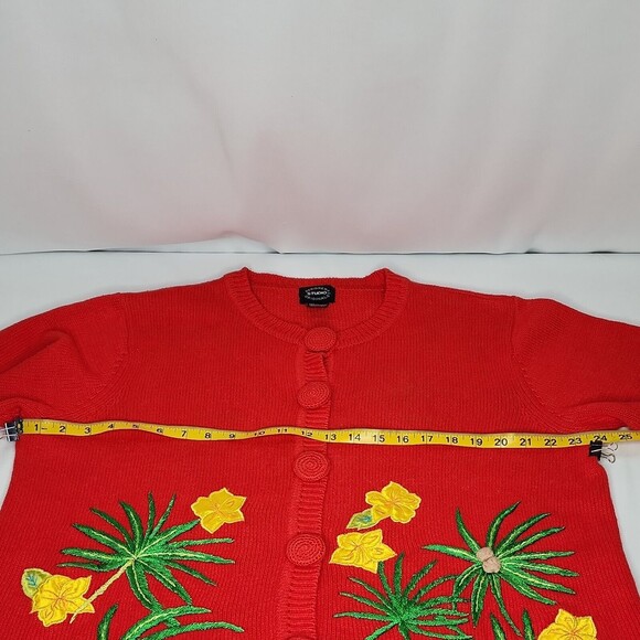 VTG Designers Studio Originals 2X Red Tropical Short Sleeve Sweater Embroidered - Picture 7 of 14